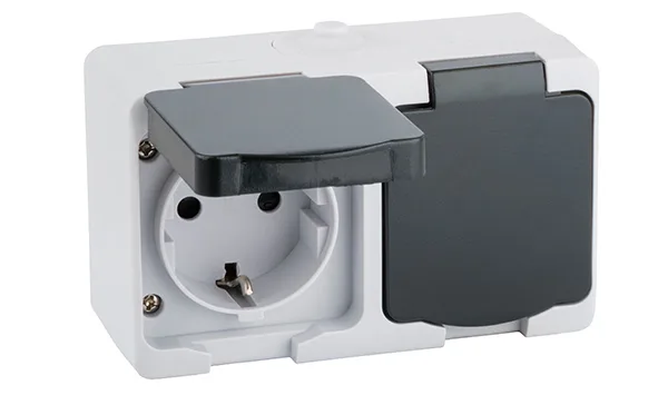 Mini - Розетка 2Х2Р+Е 16A/250V, с крышкой, защ.шторки, черно-серый, IP54