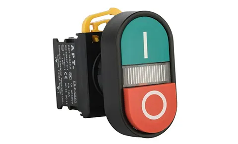 Кнопка двойная PB3E, красный/зеленый, выступ./плоская, 1NO+1NC, 6A 230VAC/24VDC, с подсветкой без LED, 22mm, IP65