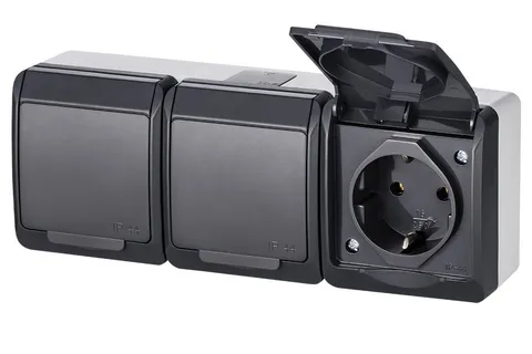 HERMES - Розетка 3x2P+E, 16A/250V, с крышкой, IP44, антрацит