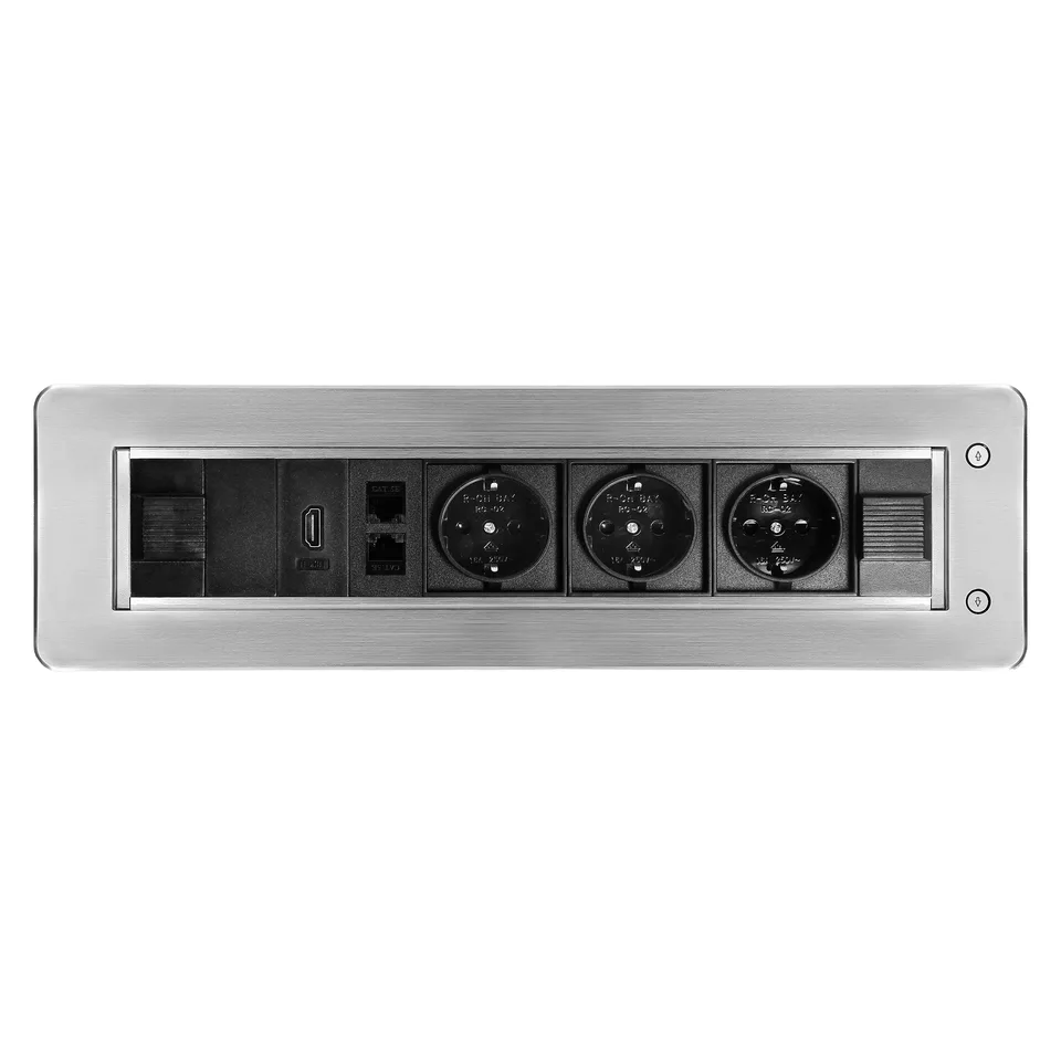 Блок розеточный встраиваемый 2хRJ45 кат. 5e UTP + HDMI + 2x2P+E со шторками, с электроприводом, кабель 2м, 3680вт, алюминий.