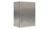 Щит ECOR моноблочный 500x500x250мм (ВxШxГ) из нерж. стали навесной с монт. панелью однодверный, 1 язычковый замок, дно глухое, IP66