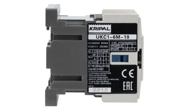 Мини-контактор UKC1-6M-10-230AC, 3P, 6A(AC-3), 20A(AC-1), 2.2kW(400VAC), Uк=230VAC, 1NO