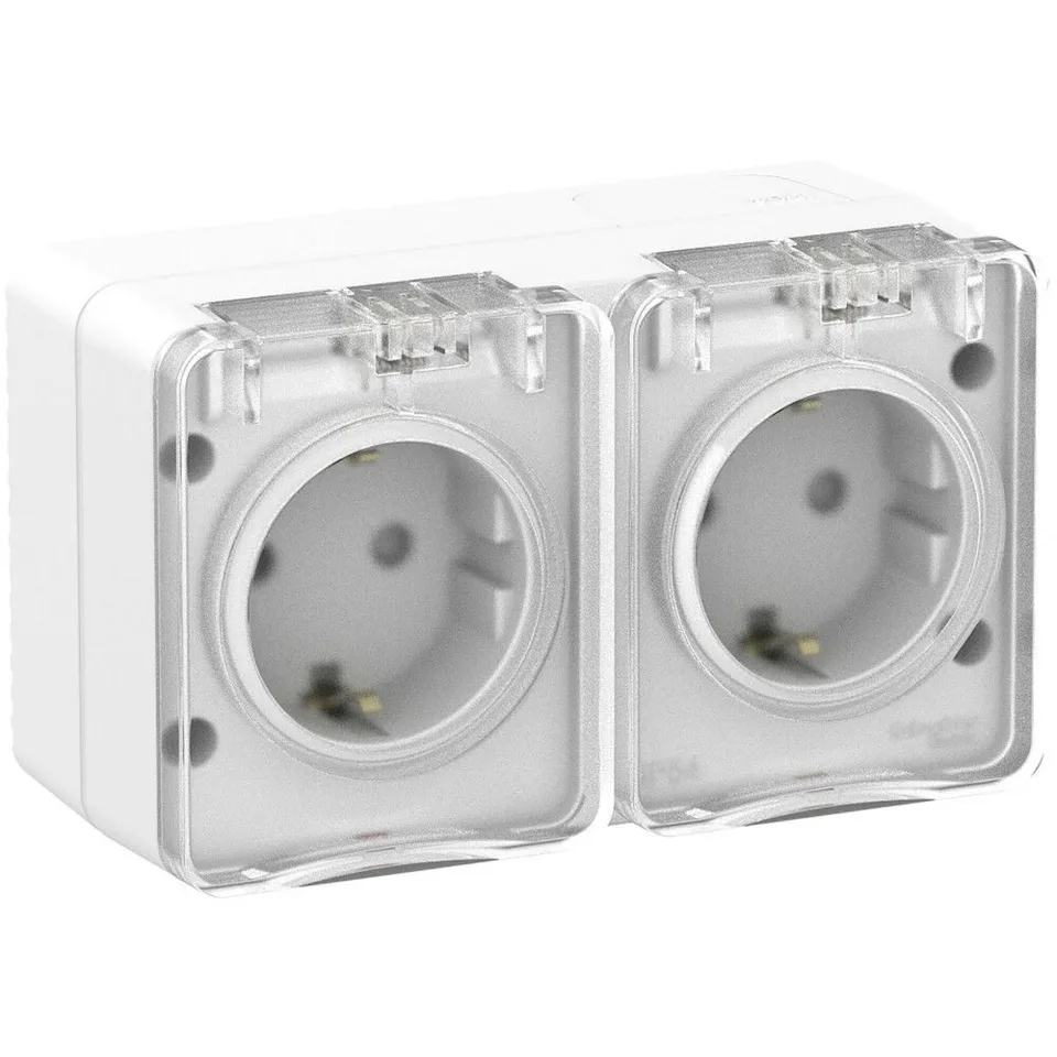 Розетка Systeme Electric AtlasDesign, Profi54 O/У двойная с заземлением со шторками 16А 250B, белый, Россия