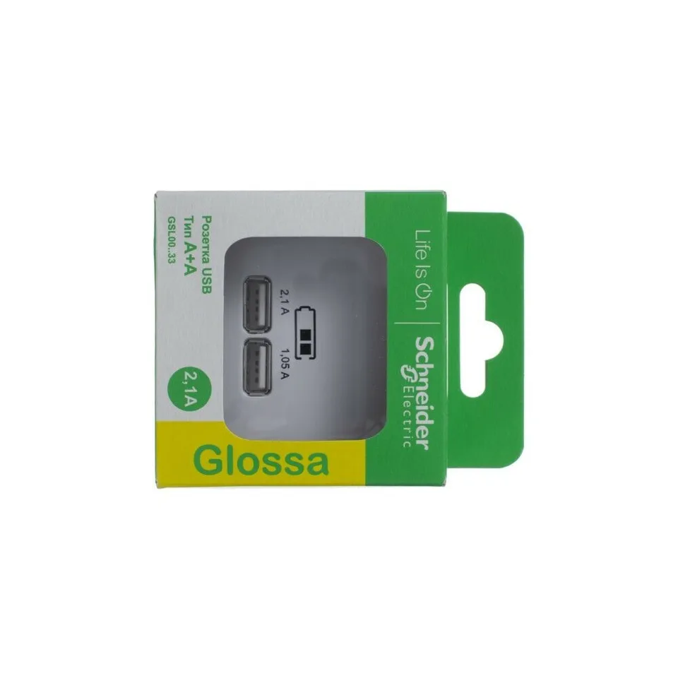 USB-розетка Systeme Electric Glossa, USB розетка, 5В/2100мА, 2х5В/1050мА, механизм, белый