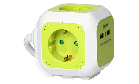Удлинитель куб, 2хUSB 5V 2,1A + 4x2P+E, со шторками, нем. стандарт, с возможностью накладного монтажа, кабель 1,4м, лимонно-белый
