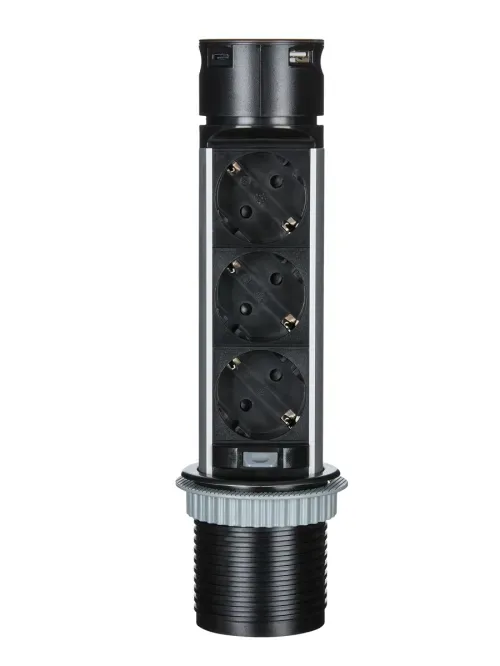 Выдвижной розеточный блок 3х2K+З + 2 USB (A+C) PD 20Вт, цвет черный, длина кабеля 2м
