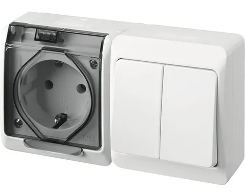 HERMES - Выключатель двухклавишный 10A/250V + Розетка 2P+E, 16A/250V, с прозрачной крышкой, IP44, белый