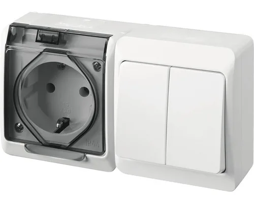 HERMES - Выключатель двухклавишный 10A/250V + Розетка 2P+E, 16A/250V, с прозрачной крышкой, IP44, белый