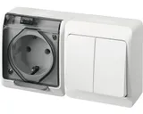HERMES - Выключатель двухклавишный 10A/250V + Розетка 2P+E, 16A/250V, с прозрачной крышкой, IP44, белый