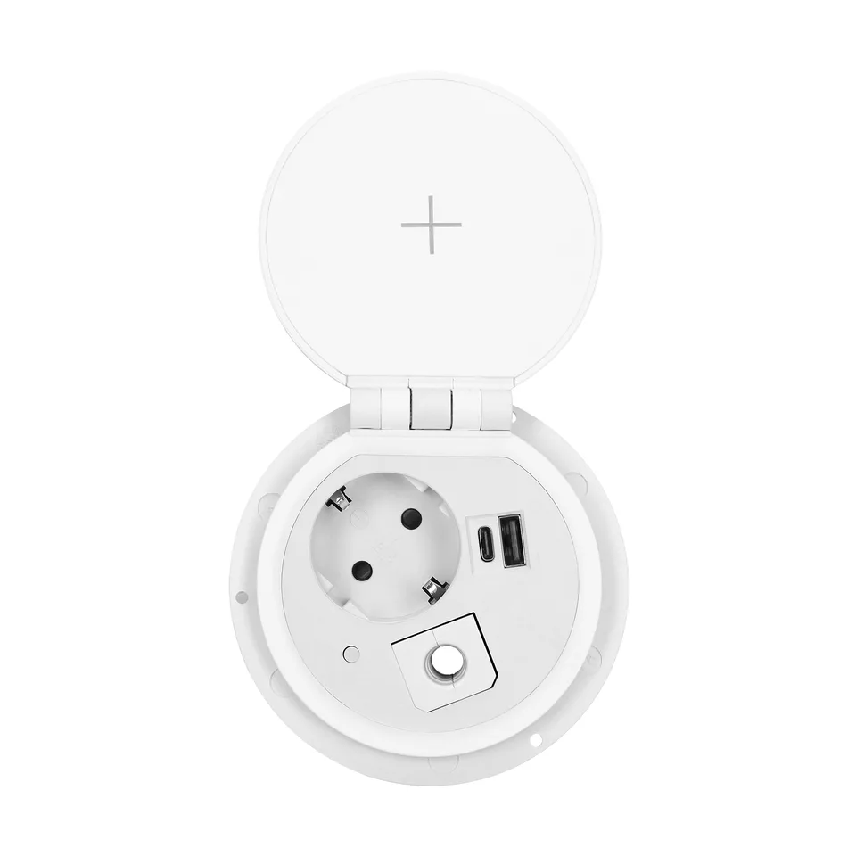 Блок розеточный встраиваемый d=80мм, 2хUSB Type A+C 5V 2,4A + 2P+E ,беспроводная зарядка, сменный модуль RJ/HDMI/USB, 3680вт, кабель 1,8м, белый