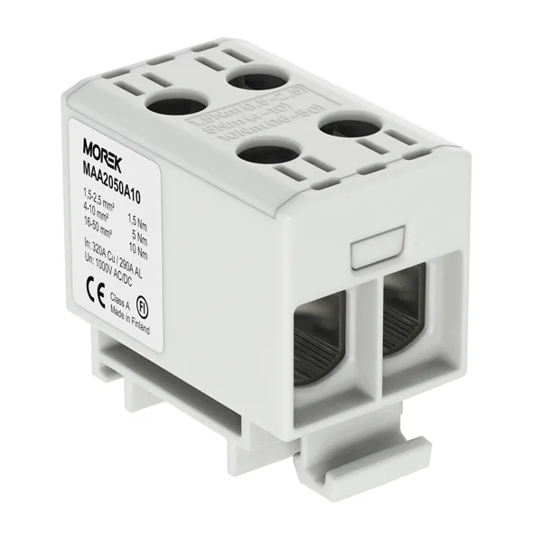 Клемма Morek OTL50-2 серая, 2xAl/Cu 1,5_50mm², 160(CU)/145(AL)A на клемму, 1000V, винтовые зажимы