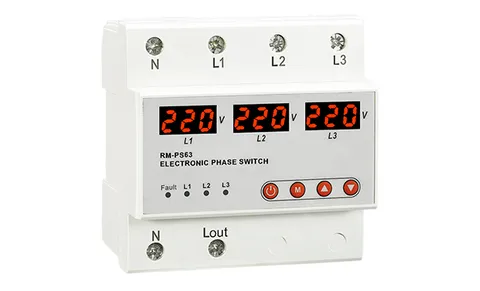 Реле выбора приоритетной фазы RM-PS63, 3NO+N, 63A, 220VAC, Umin(120_210V)/Umax(220_300V), 0.02_0.1s/1_600s, LED-дисплей, 5M