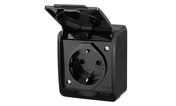 HERMES - Розетка 2P+E, 16A/250V, с крышкой, IP44, черный