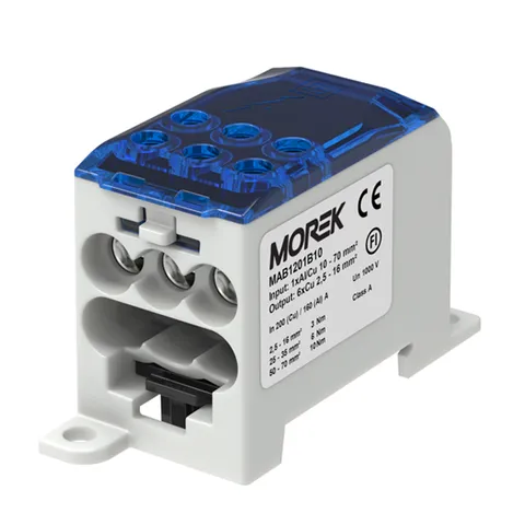 Блок распред. Morek OJL200A сине-серый, 1P, вх. 1x10_70mm² Al/Cu, вых. 6x2,2_16mm² Cu, 200(CU)/160(AL), 1000V, винтовые зажимы