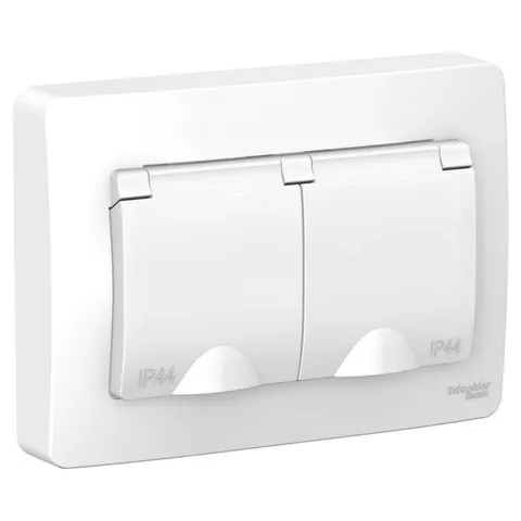 Розетка Systeme Electric Blanca, скрытой установки IP44 двойная с заземл. со шторками, с крышками, 16А, 250В, белый