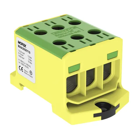 Клемма Morek OTL50-3 желто-зеленая, 3xAl/Cu 1,5_150mm², 160(CU)/145(AL)A на клемму, 1000V, винтовые зажимы