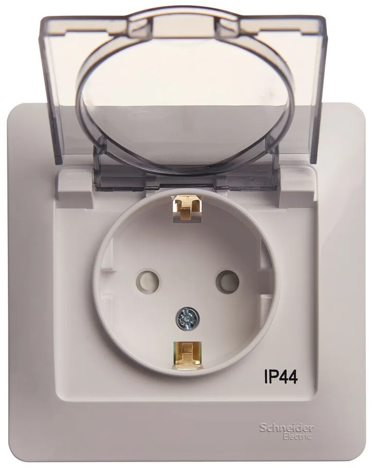 Розетка Systeme Electric Glossa, с заземлением со шторками с крышкой, 16А, IP44, в сборе, белый