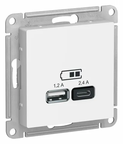USB-розетка Systeme Electric AtlasDesign, USB розетка A+С, 5В/2,4 А, 2х5В/1,2 А, механизм, белый