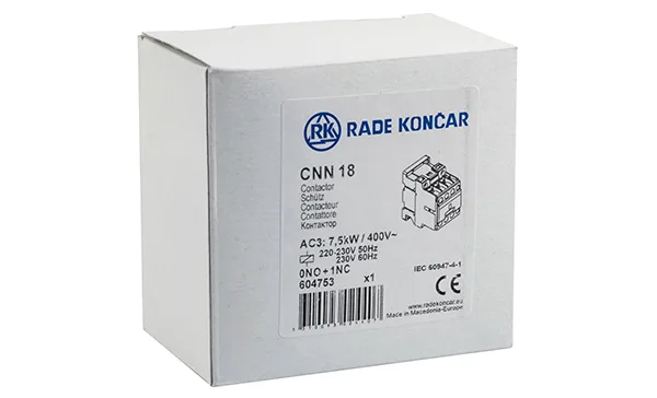 Контактор CNN 18 01 220/230V 50Hz, 3P, 18A/(30A по AC-1), 7.5kW(400VAC), 220/230VAC, 1NC