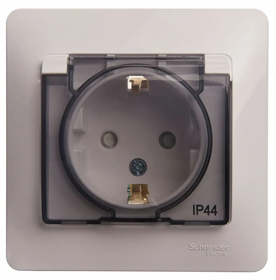 Розетка Systeme Electric Glossa, с заземлением со шторками с крышкой, 16А, IP44, в сборе, белый