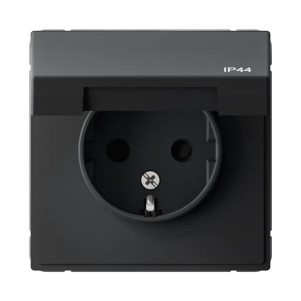 Розетка Systeme Electric ArtGallery, с заземл. со шт. с крышк, 16А, IP44, механизм, карбон