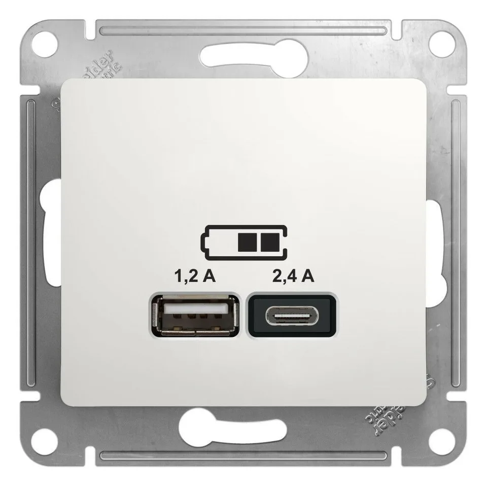 USB-розетка Systeme Electric Glossa, USB розетка A+С, 5В/2,4 А, 2х5В/1,2 А, механизм, белый