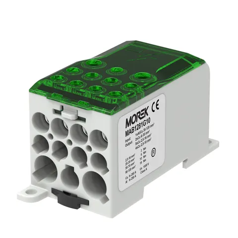 Блок распред. Morek OJL280A зелено-серый, 1P, вх. 1x35_120mm² Al/Cu, вых. 4x2,5_10+5x2,5_16+2x6_35mm² Cu, 280(CU)/250(AL), винтовые зажимы