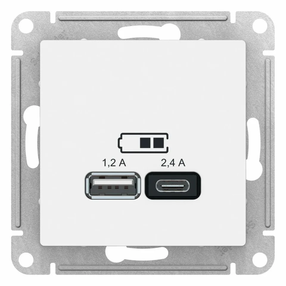 USB-розетка Systeme Electric AtlasDesign, USB розетка A+С, 5В/2,4 А, 2х5В/1,2 А, механизм, белый