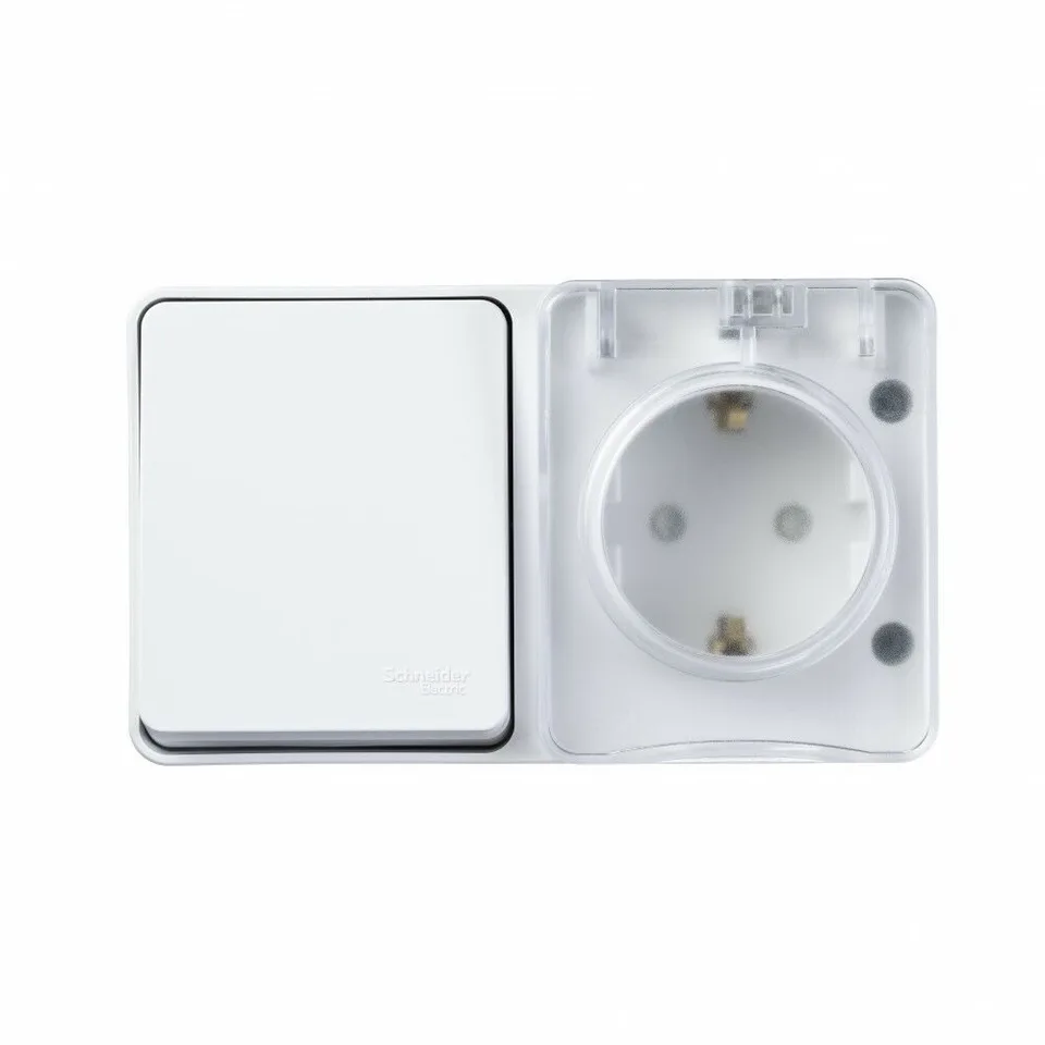 Выключатель и розетка Systeme Electric AtlasDesign, Profi54 открытой установки блок: роз. з/к со шт. 16А 250B, выкл.1-клав.10А, белый, Россия