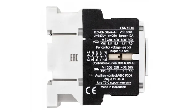 Контактор CNN 12 10 24V 50Hz, 3P, 12A/(25A по AC-1), 5.7kW(400VAC), 24VAC, 1NO