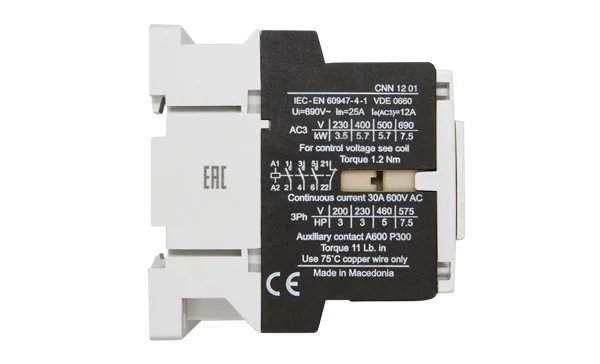 Контактор CNN 12 01 220/230V 50Hz, 3P, 12A/(25A по AC-1), 5.7kW(400VAC), 220/230VAC, 1NC