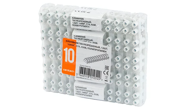 Клеммник T85 разрезаемый, 12шт, 10mm², 57A, 450V, полипропилен, белый