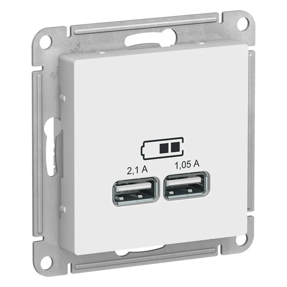 USB-розетка Systeme Electric AtlasDesign, USB розетка, 5В, 1 порт x 2,1 А, 2 порта х 1,05 А, механизм, белый
