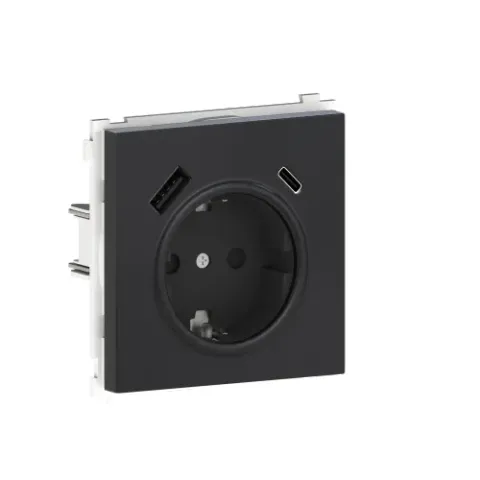 Накладка для розетки Schuko с зарядным устройством USB A+C, с защитными шторками, вороненая сталь, серия R98 METAL