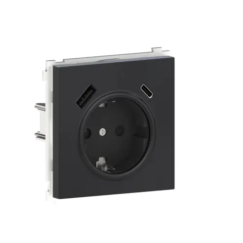 Накладка для розетки Schuko с зарядным устройством USB A+C, с защитными шторками, вороненая сталь, серия R98 METAL
