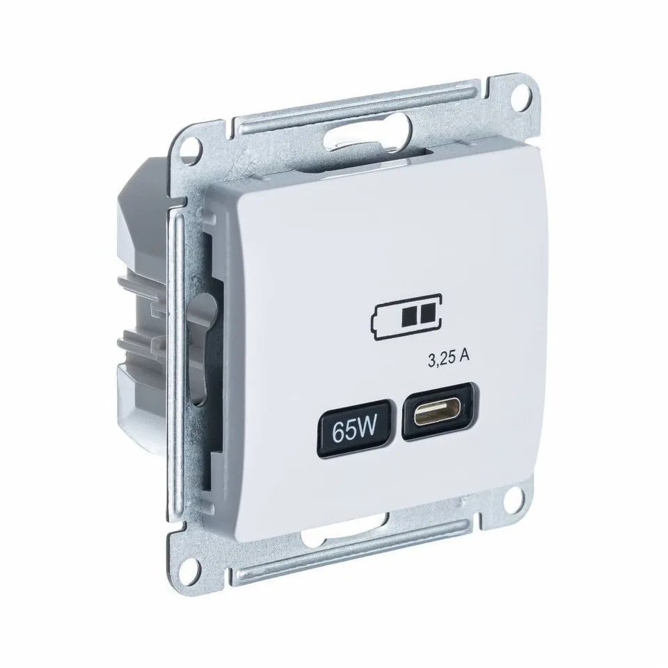 USB-розетка Systeme Electric Glossa, USB розетка тип-С, 65W, высокоскорост. зарядка QC, PD, механизм, белый