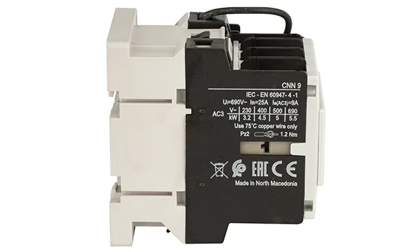 Контактор CNN 9 10, 3P, 9A/(25A по AC-1), 4.5kW(400VAC), 1NO, Uk=24VDC, Iвтяг=5,1А, Iудерж=0,12А