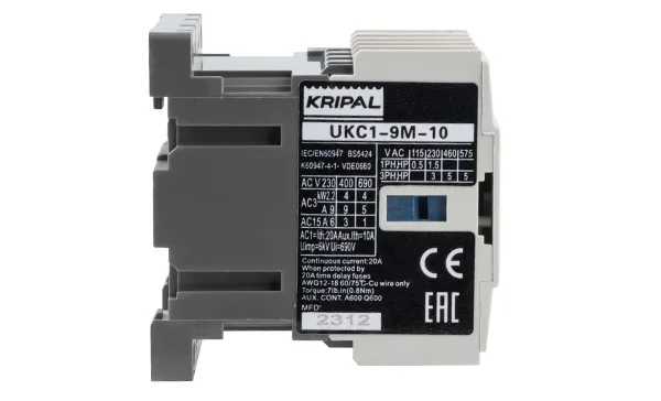 Мини-контактор UKC1-9M-10-230AC, 3P, 9A(AC-3), 20A(AC-1), 4kW(400VAC), Uк=230VAC, 1NO