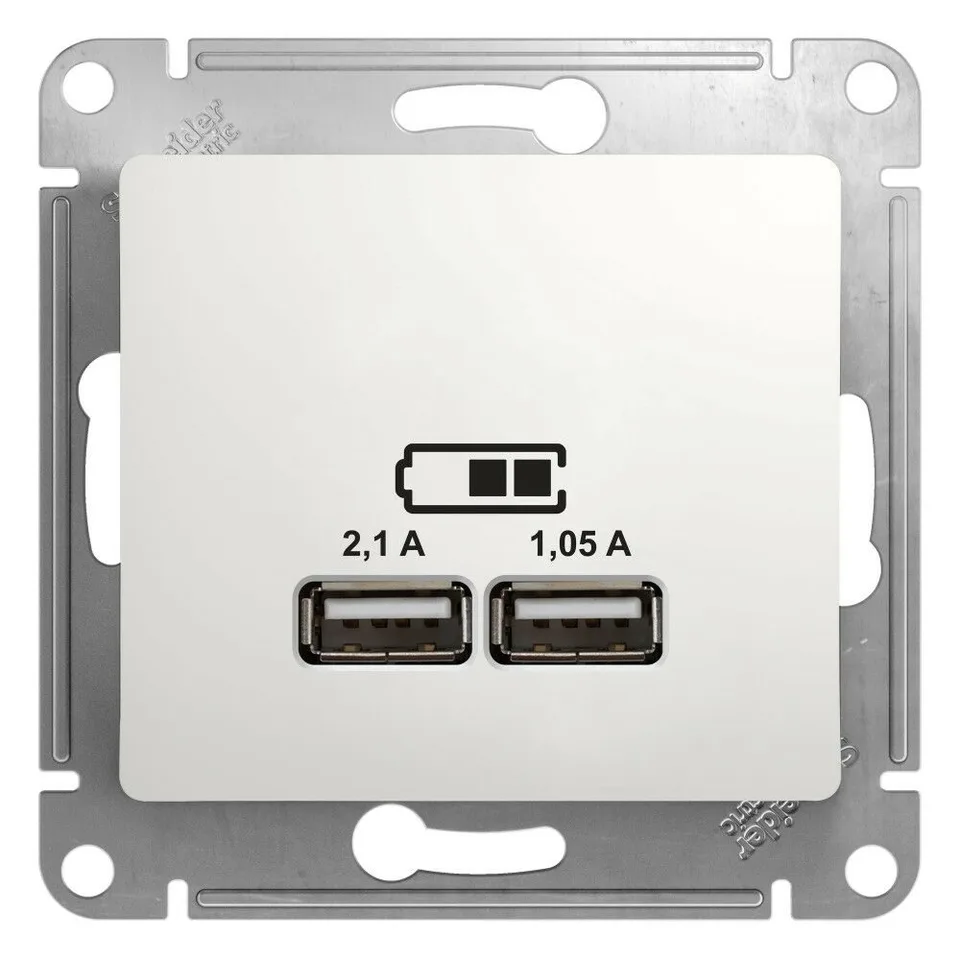 USB-розетка Systeme Electric Glossa, USB розетка, 5В/2100мА, 2х5В/1050мА, механизм, белый