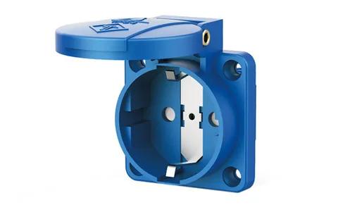Розетка встраиваемая 16A, SCHUKO без шторок 2P+E, 250VAC 50/60Hz, фланец 50x50mm, IP54, синяя