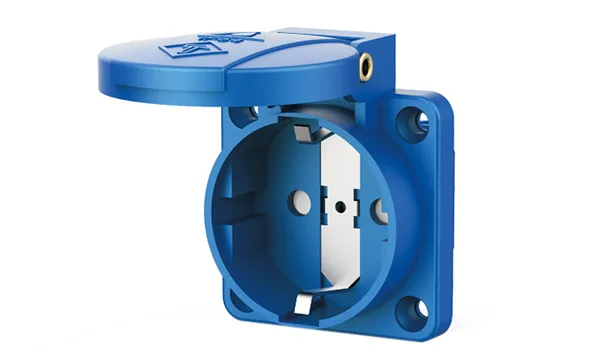 Розетка встраиваемая 16A, SCHUKO без шторок 2P+E, 250VAC 50/60Hz, фланец 50x50mm, IP54, синяя