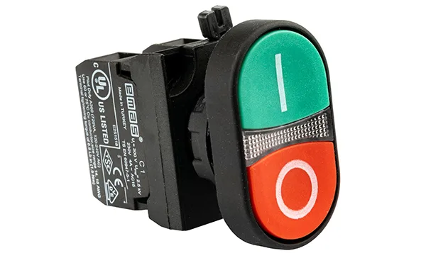 Кнопка двойная CP, красный/зеленый, марк. 0 и I, 1NO+1NC, 4A 230V AC15, с линзой, 22mm, IP65