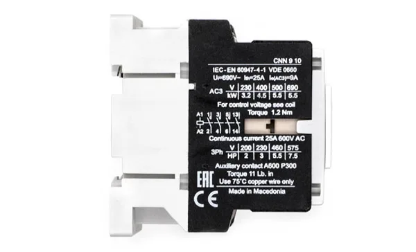Контактор CNN 9 10 24V 50Hz, 3P, 9A/(25A по AC-1), 4.5kW(400VAC), 24VAC, 1NO