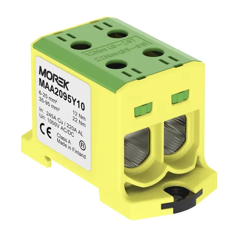 Клемма Morek OTL95-2 желто-зеленая, 2xAl/Cu 6_95mm², 245(CU)/220(AL)A на клемму, 1000V, винтовые зажимы