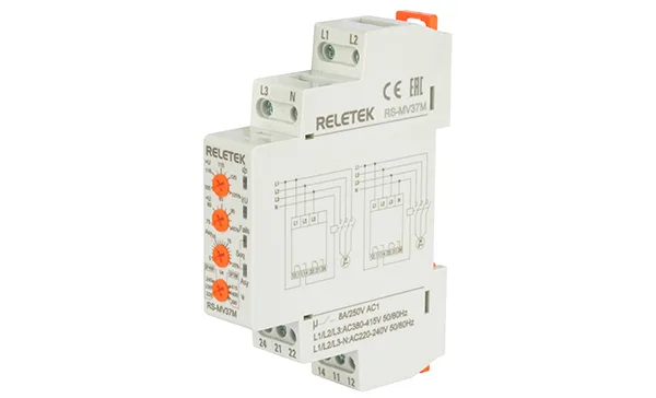 Реле контроля напряжения RS-MV37M, 3P/3P+N, 2CO, 266_540VAC(L-L)/ 154_312VAC(L-N), Umin и Umax, 2s, обрыв, чередование, асимметрия (5_20%), 1M