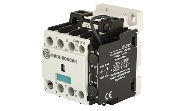 Контактор CNN 12 10, 3P, 12A/(25A по AC-1), 5.7kW(400VAC), 1NO, Uk=24VDC, Iвтяг=5,1А, Iудерж=0,12А