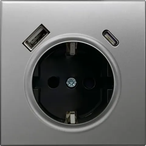 Накладка для розетки Schuko с зарядным устройством USB A+C, с защитными шторками, благородная сталь, серия R98 METAL