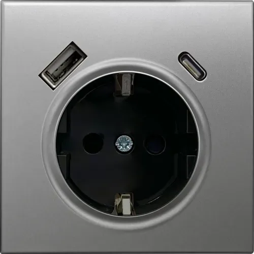 Накладка для розетки Schuko с зарядным устройством USB A+C, с защитными шторками, благородная сталь, серия R98 METAL