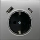 Накладка для розетки Schuko с зарядным устройством USB A+C, с защитными шторками, благородная сталь, серия R98 METAL
