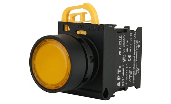 Кнопка плоская PB3E, желтая, с фиксацией, с подсветкой без LED, 1NO, 6A 230VAC/24VDC, 22mm, IP65